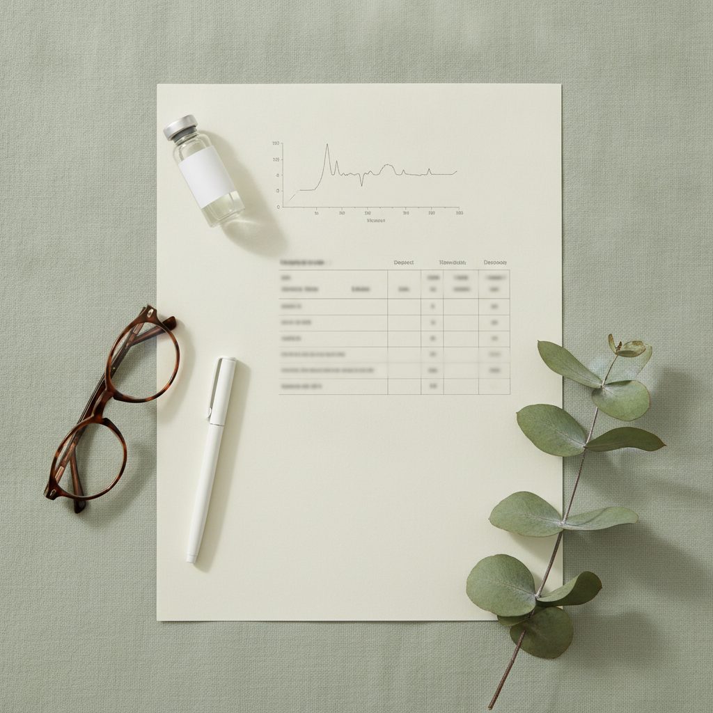 A printed certificate of analysis with a chromatogram, reading glasses, a pen and a small vial