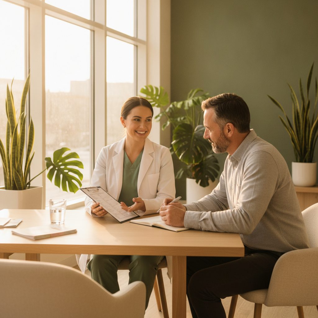 A health professional walking a client through a printed checklist at a table