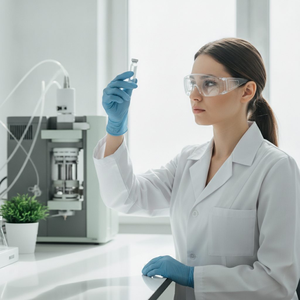 A laboratory analyst in gloves and safety glasses inspecting a small glass vial