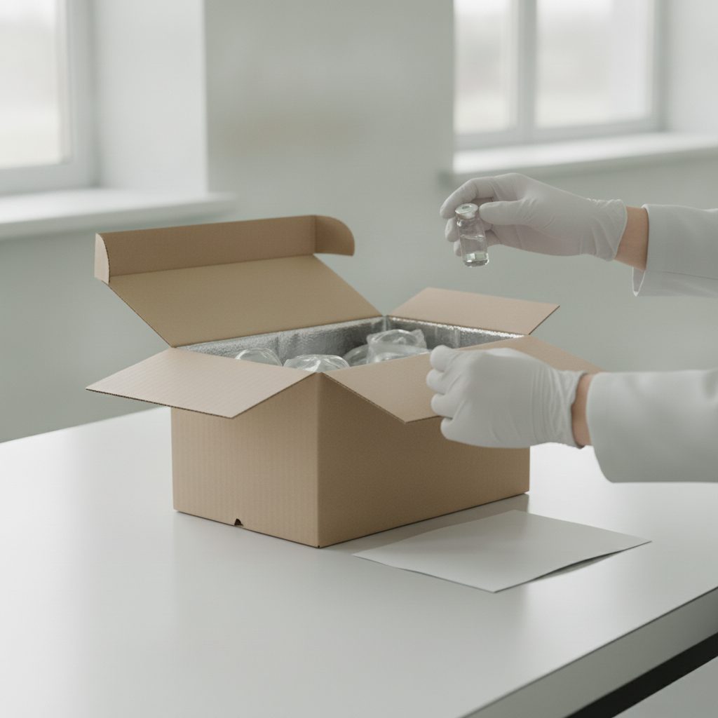 Gloved hands unpacking an insulated shipping box and inspecting a sealed vial